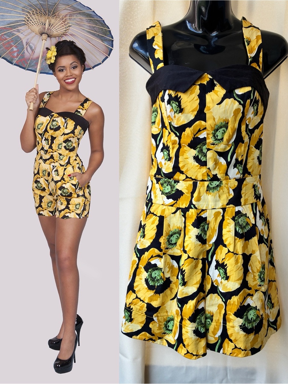Bettie Page Yellow Poppy Seed Jumper Romper Floral Tatyana 50s Pinup Retro M